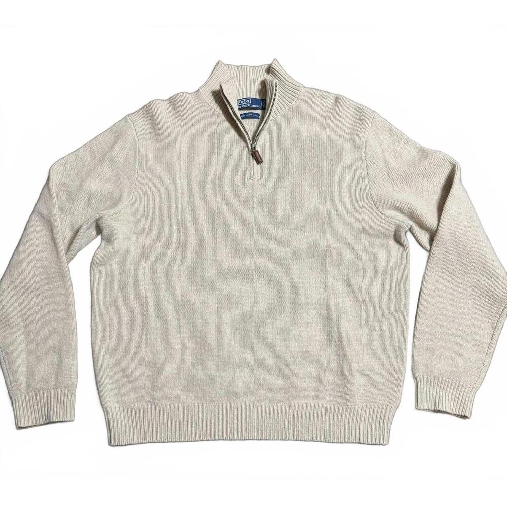 Vintage Polo Ralph Lauren Lambs Wool Quarter Zip Sweater Beige Mens XL Mock Neck